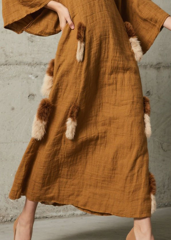 Unique Caramel V Neck Patchwork Faux Fur Robe Dresses Fall