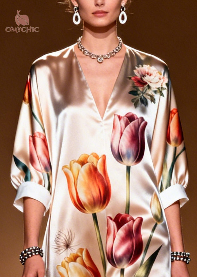Unique Champagne Floral Print Draping Silk Ankle Dress Summer