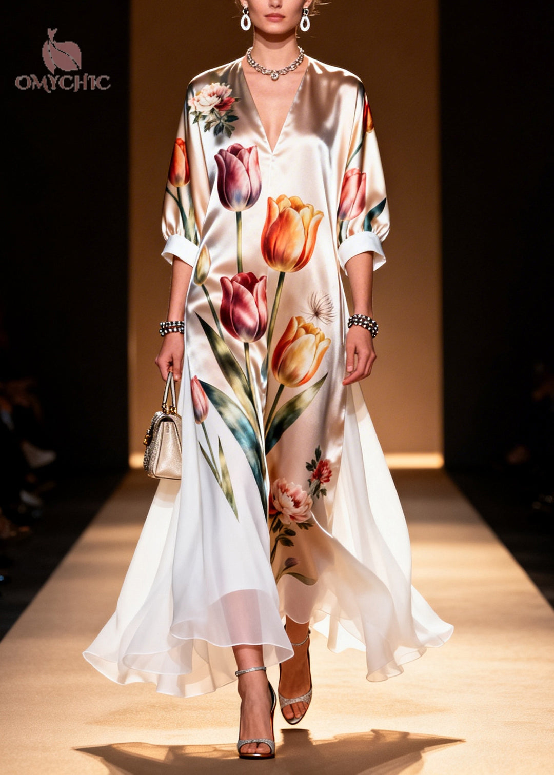 Unique Champagne Floral Print Draping Silk Ankle Dress Summer