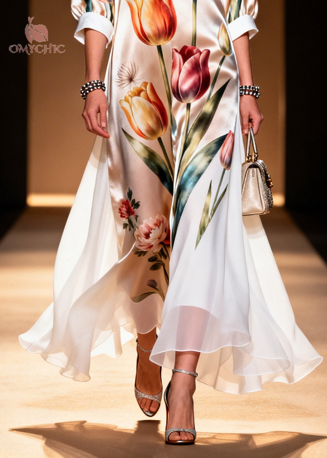 Unique Champagne Floral Print Draping Silk Ankle Dress Summer