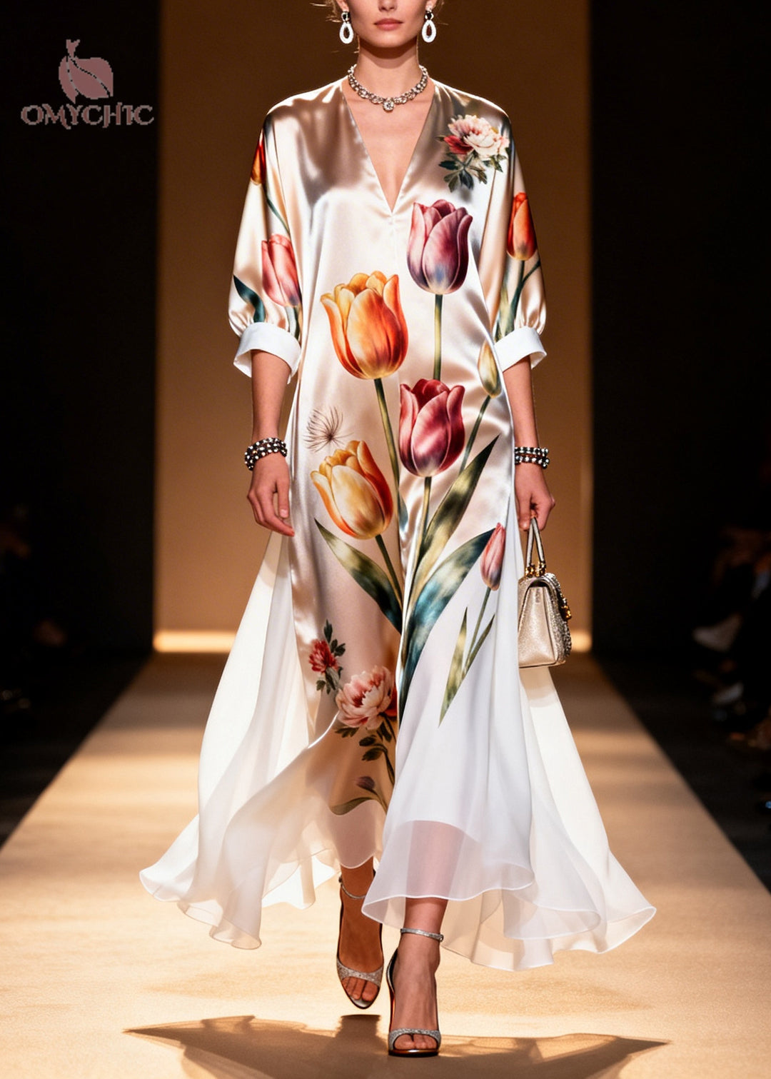 Unique Champagne Floral Print Draping Silk Ankle Dress Summer