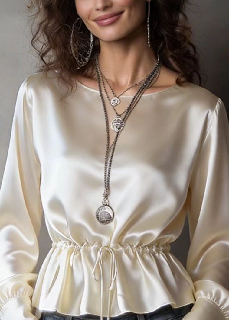 Unique Champagne O Neck Drawstring Silk Top Spring