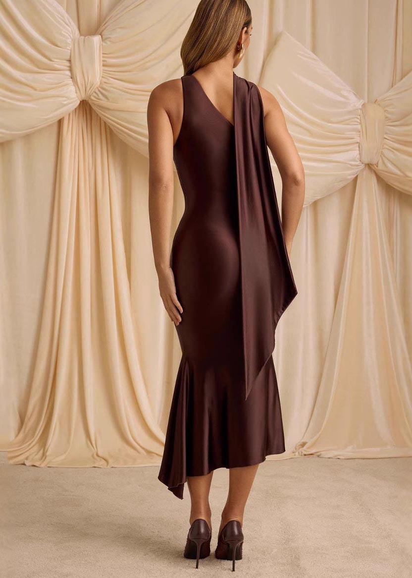 Unique Chocolate One Shoulder Ice Silk Wraped Dress Summer