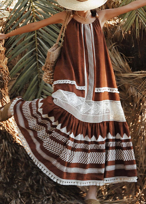 Unique Coffee Backless Tasseled Patchwork Cotton Spaghetti Strap Dress Sleeveless
