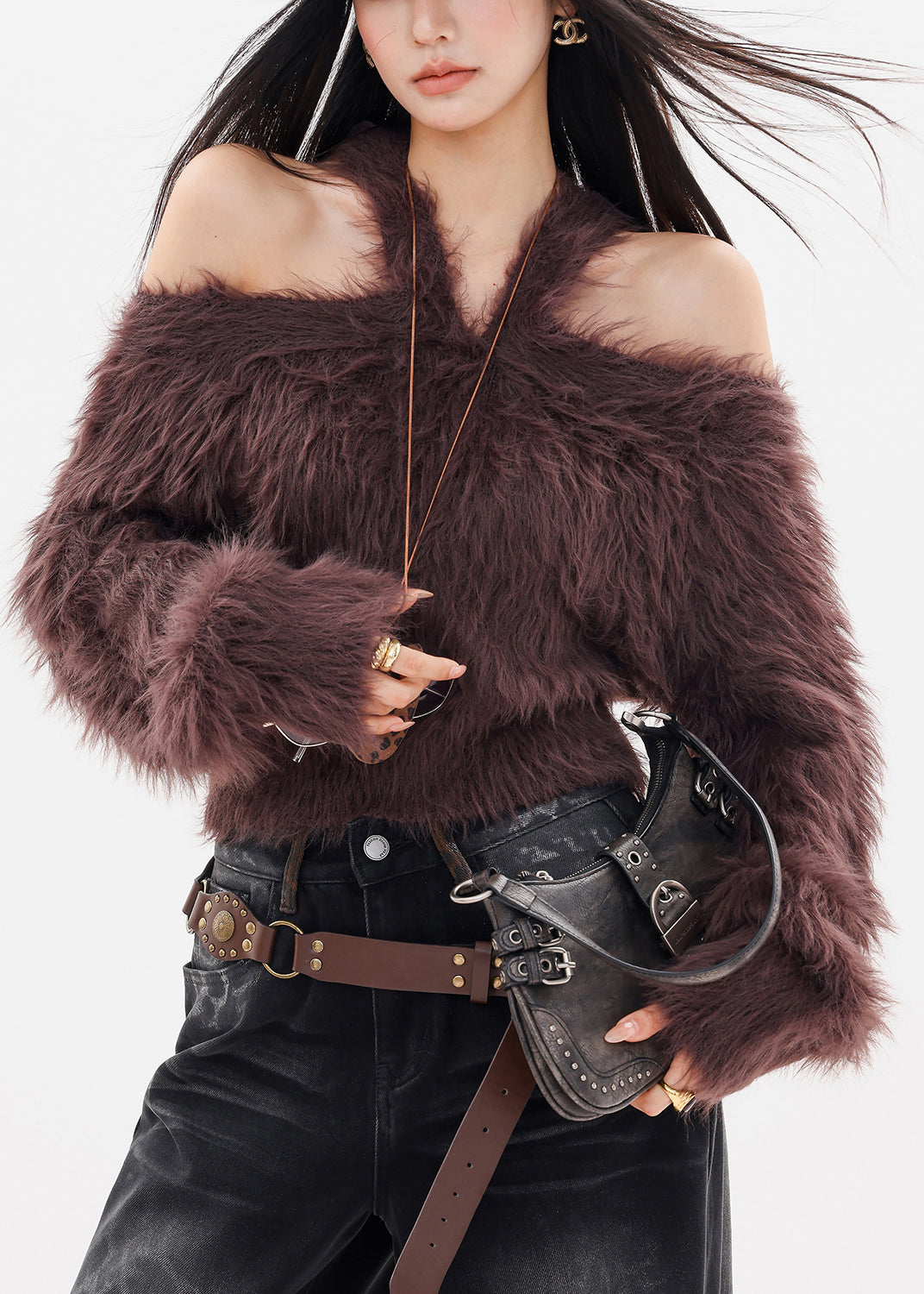 Unique Coffee Cold Shoulder Thick Solid Cotton Knit Sweater Tops Fall