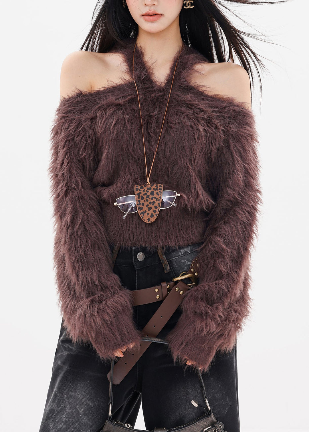 Unique Coffee Cold Shoulder Thick Solid Cotton Knit Sweater Tops Fall