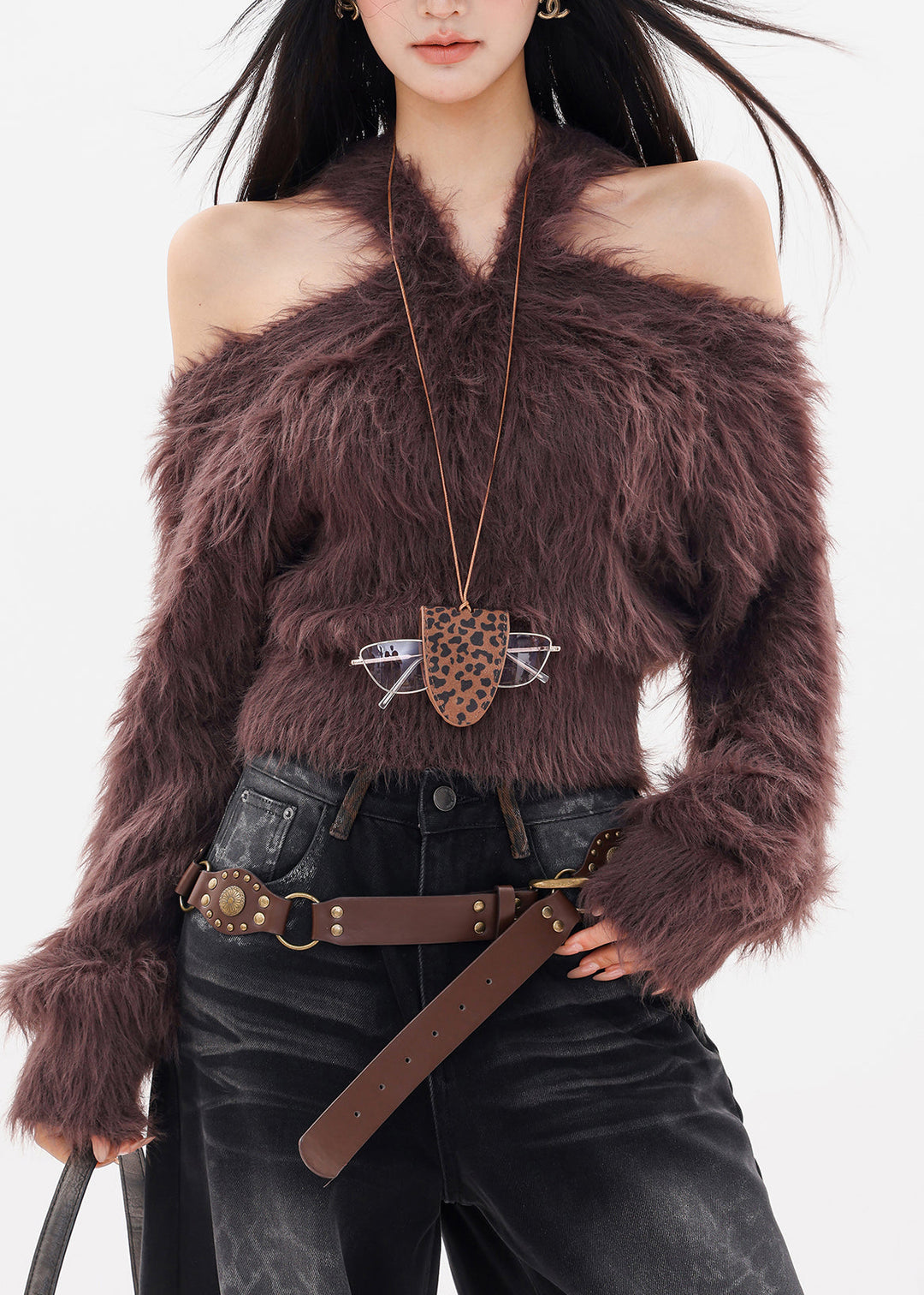 Unique Coffee Cold Shoulder Thick Solid Cotton Knit Sweater Tops Fall