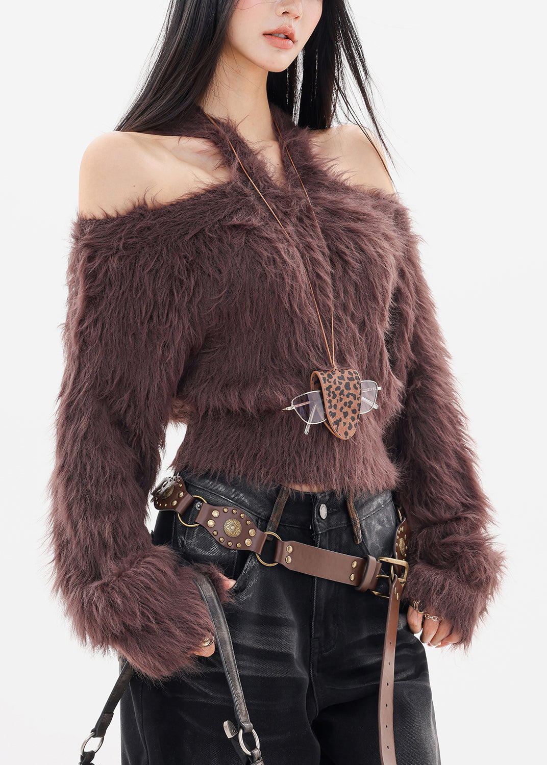 Unique Coffee Cold Shoulder Thick Solid Cotton Knit Sweater Tops Fall