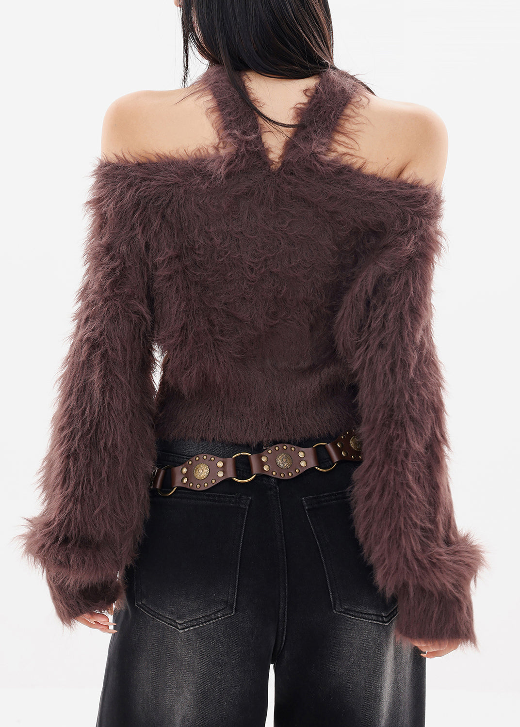 Unique Coffee Cold Shoulder Thick Solid Cotton Knit Sweater Tops Fall