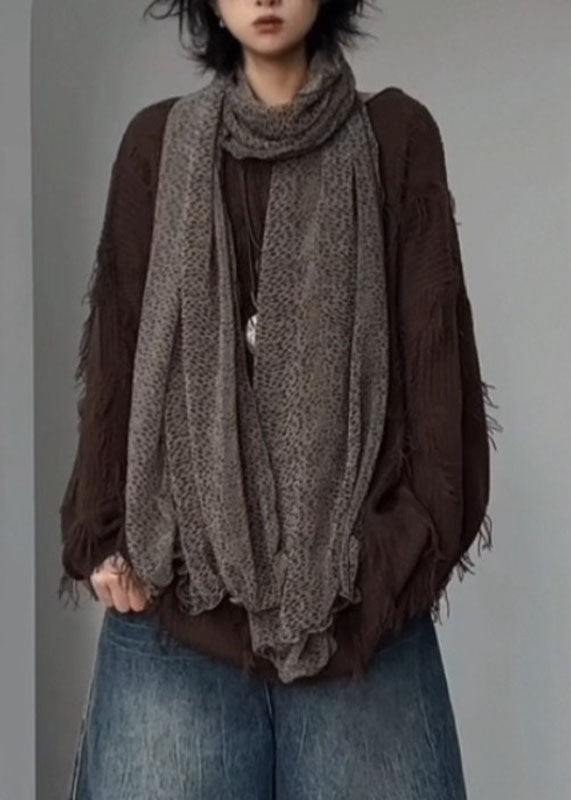 Unique Coffee O-Neck Asymmetrical Tassel Patchwork Cotton Knit Sweater Tops Winter