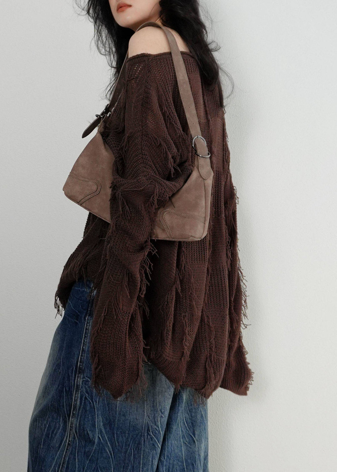Unique Coffee O-Neck Asymmetrical Tassel Patchwork Cotton Knit Sweater Tops Winter