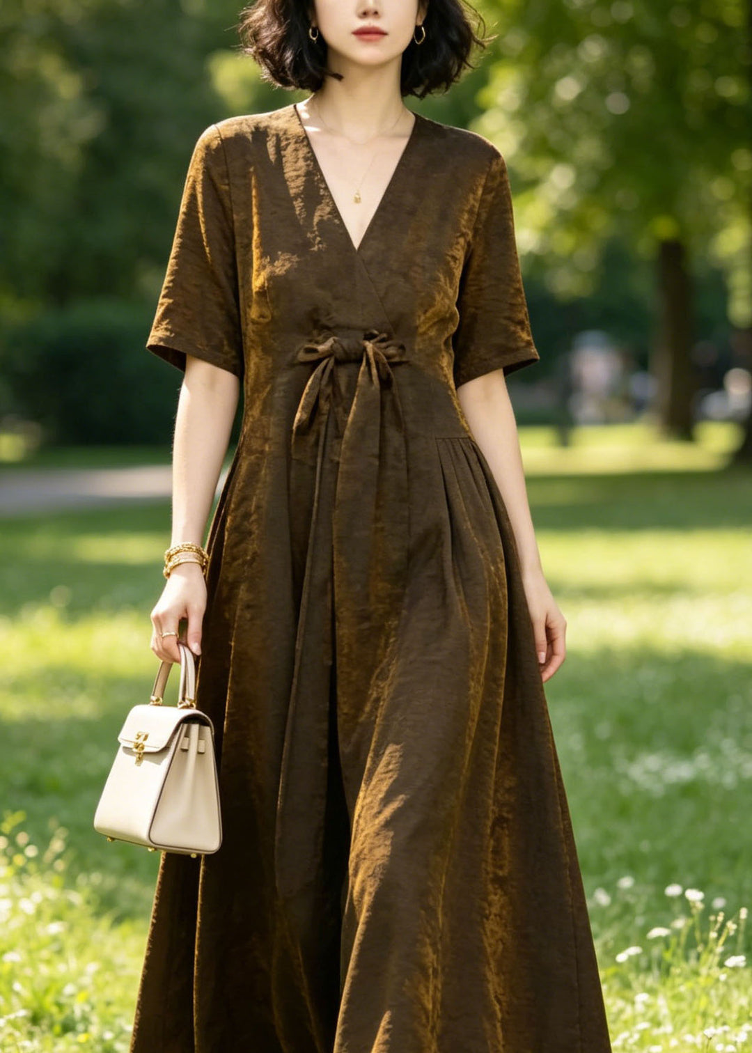 Unique Coffee V Neck Bow Patchwork Silk Long Dresses Summer