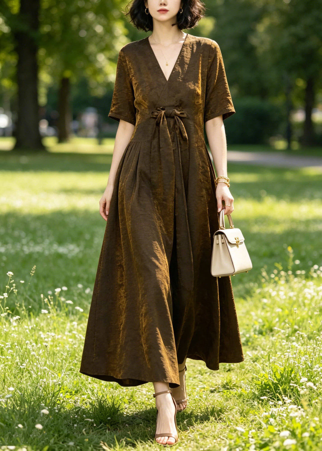 Unique Coffee V Neck Bow Patchwork Silk Long Dresses Summer