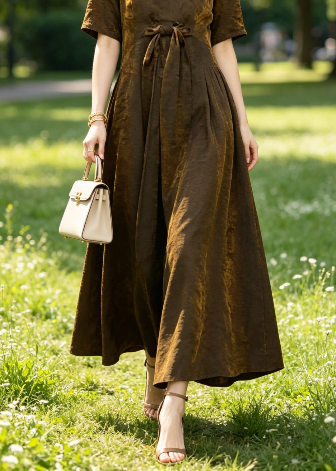 Unique Coffee V Neck Bow Patchwork Silk Long Dresses Summer