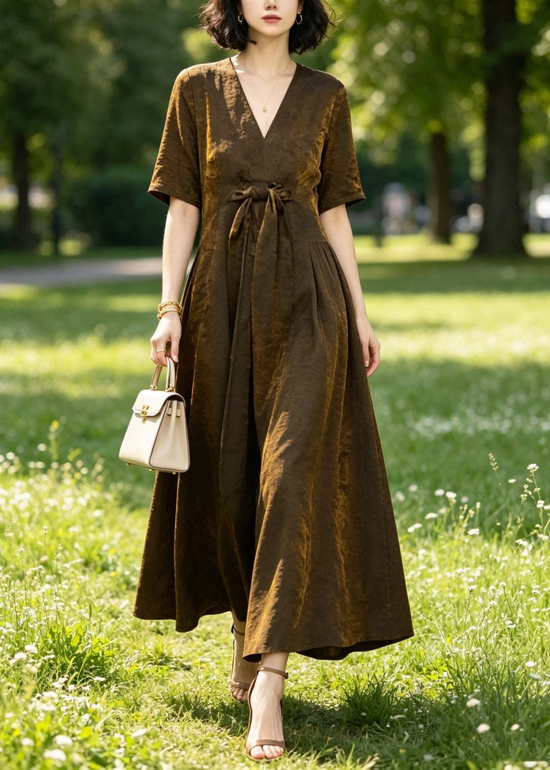 Unique Coffee V Neck Bow Patchwork Silk Long Dresses Summer