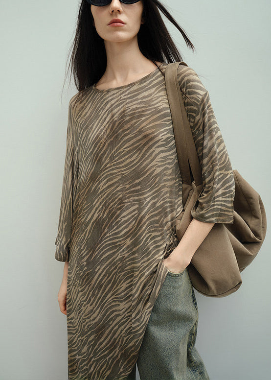 Unique Coffee Zebra Pattern Asymmetrical Cotton Top Summer