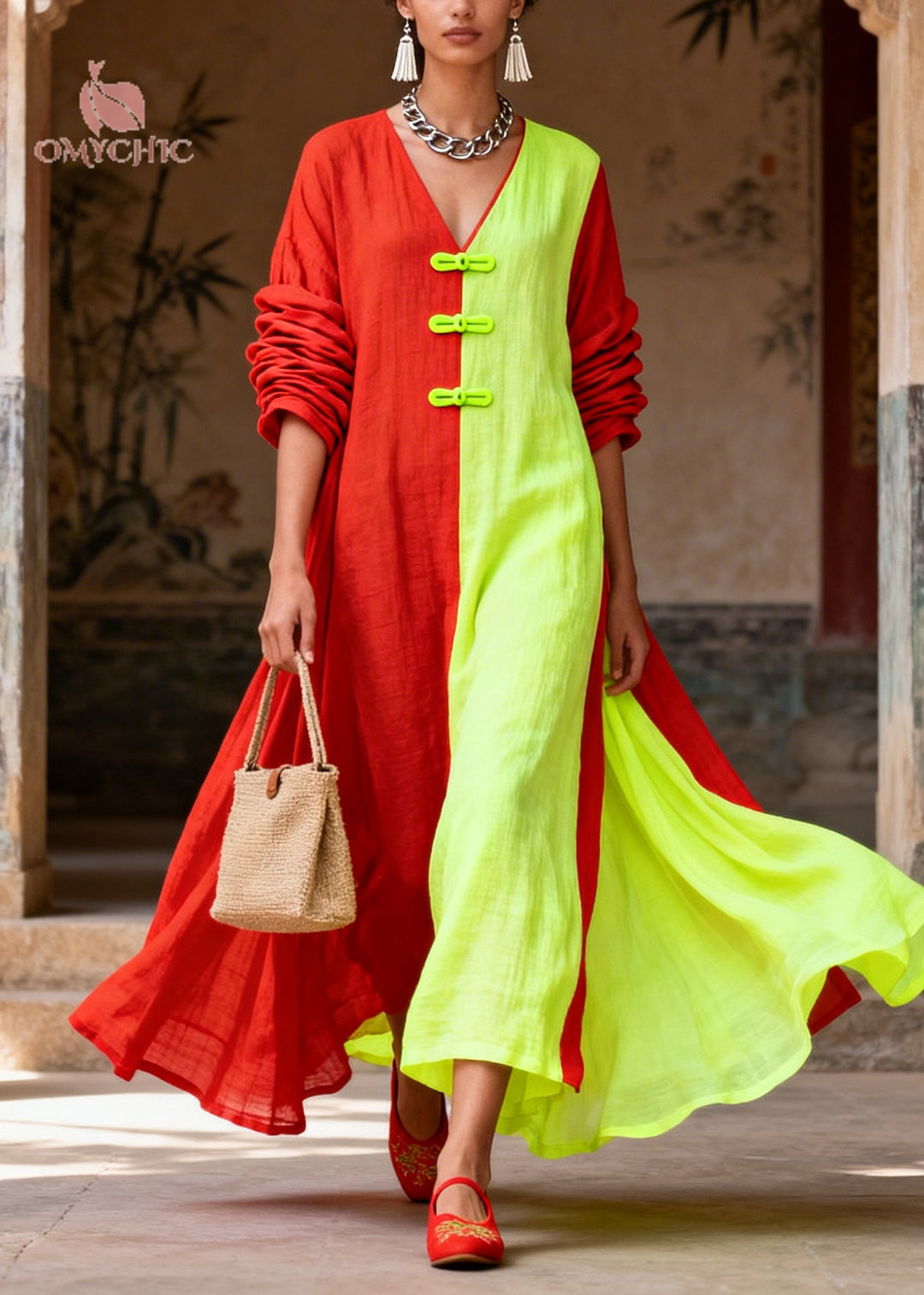 Unique Colorblock Asymmetrical Patchwork Cotton Vacation Dresses Long Sleeve