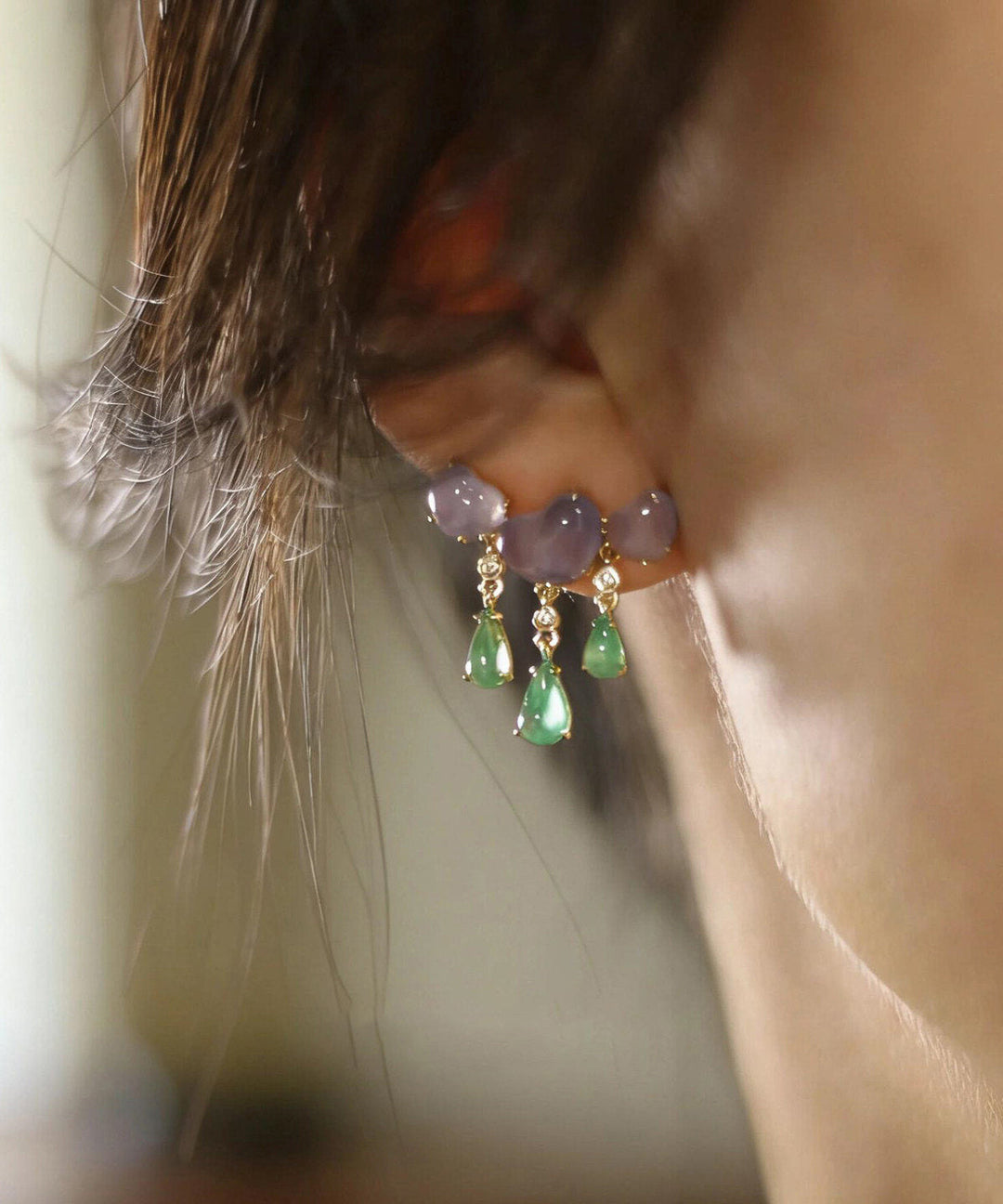 Unique Colorblock Copper Overgild Jade Love Water Droplet Tassel Drop Earrings