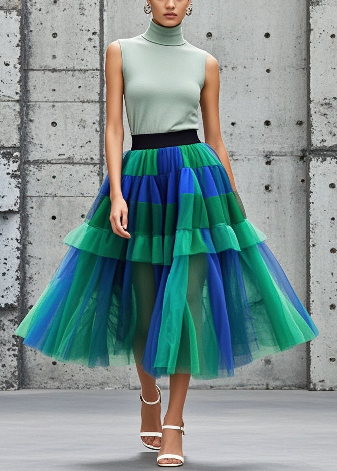 Unique Colorblock Elastic Waist Patchwork Tulle Skirts Summer