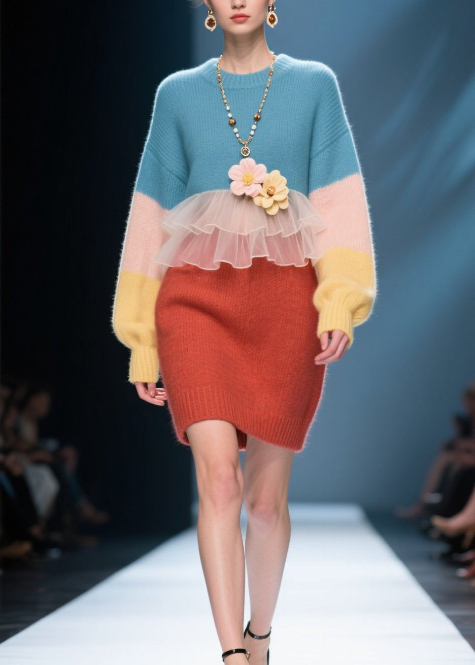 Unique Colorblock O Neck Floral Patchwork Knit Sweater Dress Winter