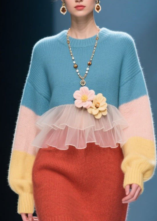Unique Colorblock O Neck Floral Patchwork Knit Sweater Dress Winter