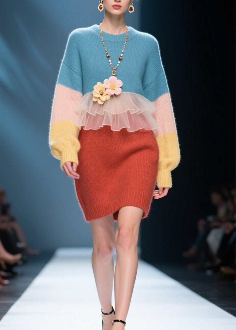 Unique Colorblock O Neck Floral Patchwork Knit Sweater Dress Winter