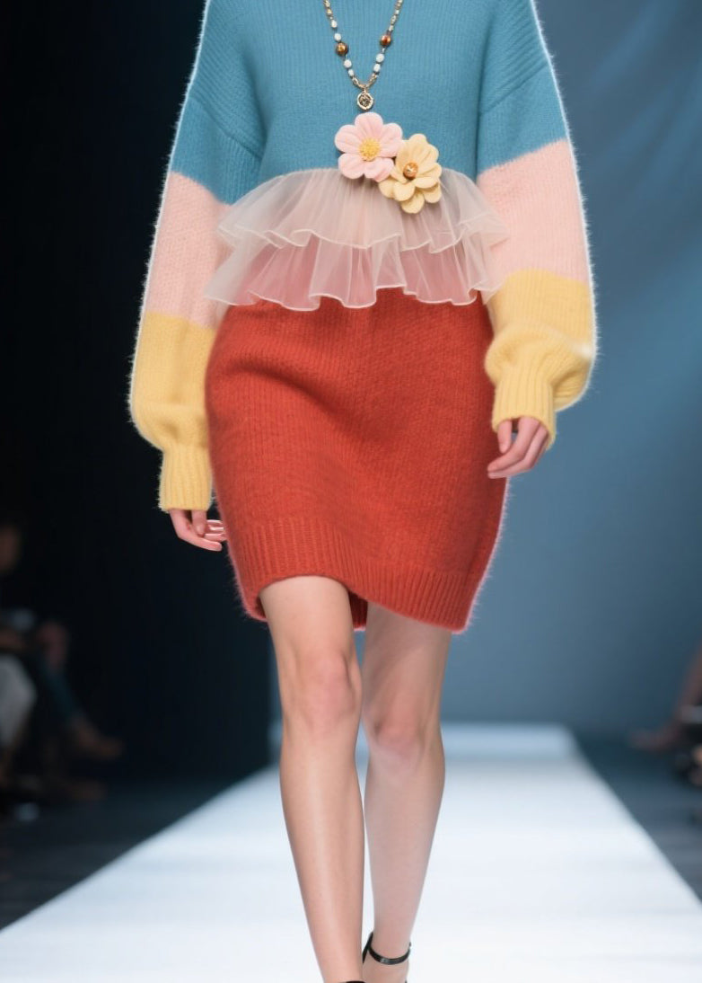 Unique Colorblock O Neck Floral Patchwork Knit Sweater Dress Winter