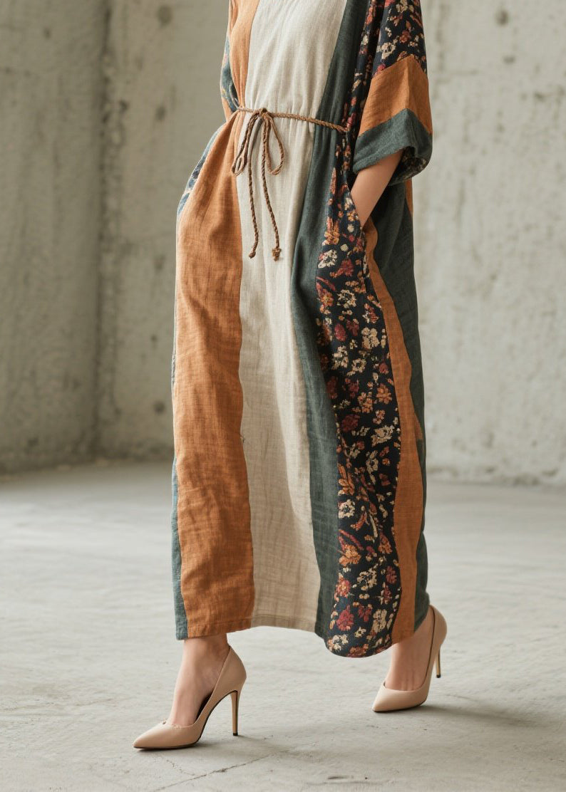 Unique Colorblock O Neck Print Cotton Long Dress Fall