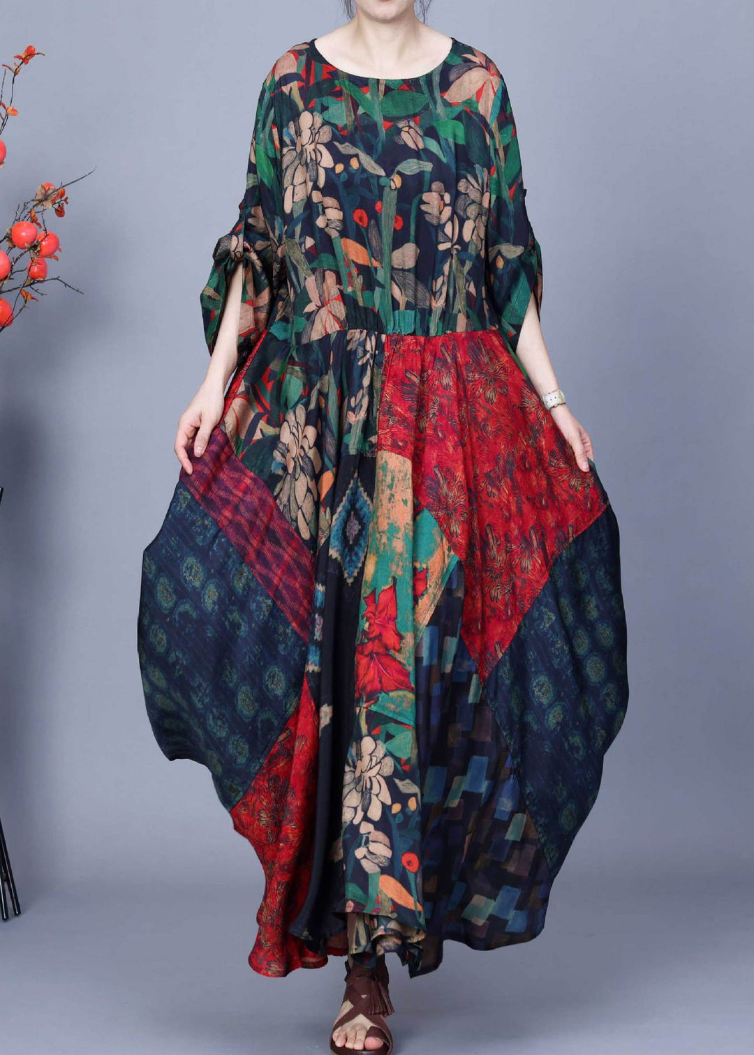 Unique Colorblock O Neck Print Patchwork Silk Long Dresses Summer