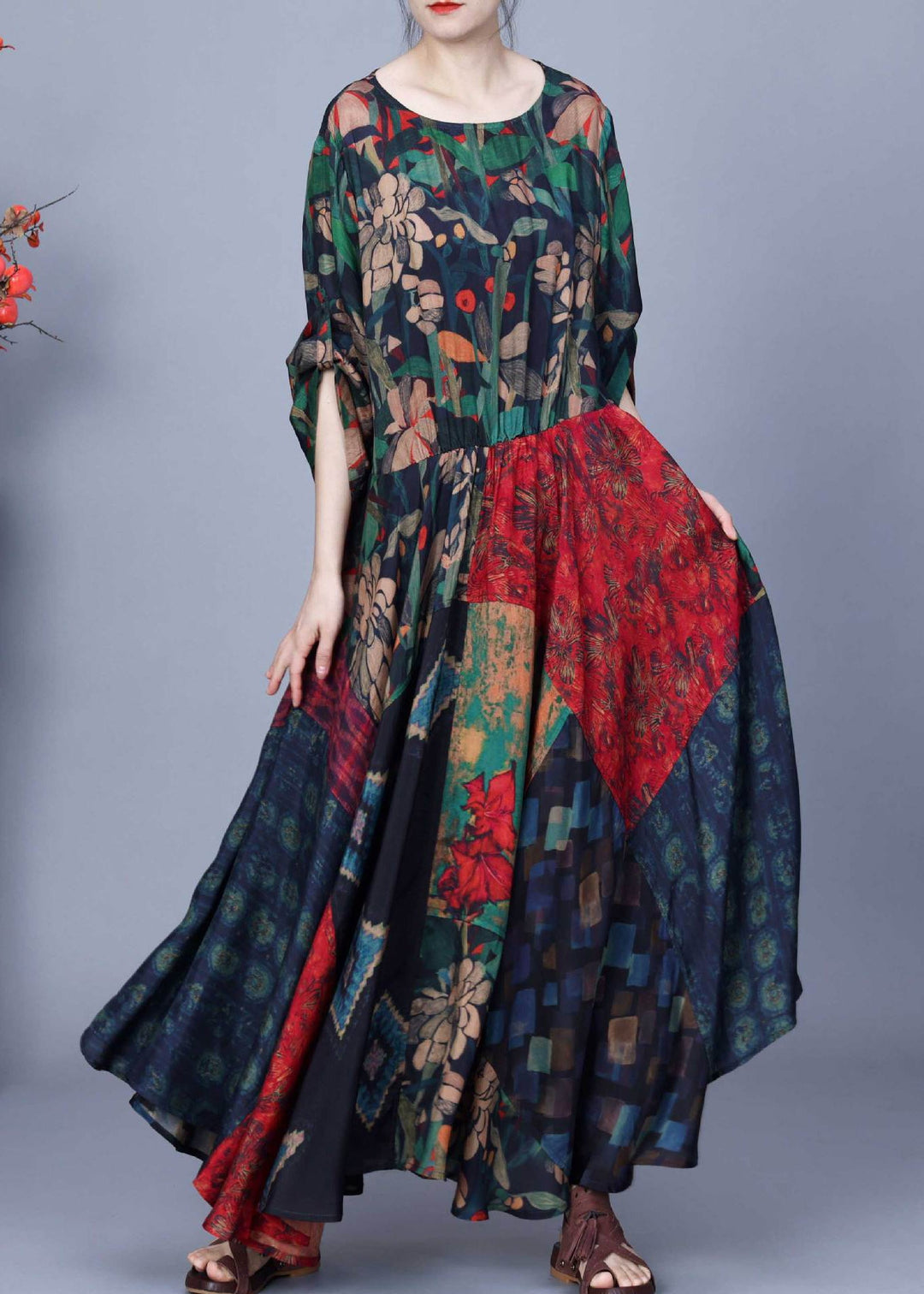 Unique Colorblock O Neck Print Patchwork Silk Long Dresses Summer