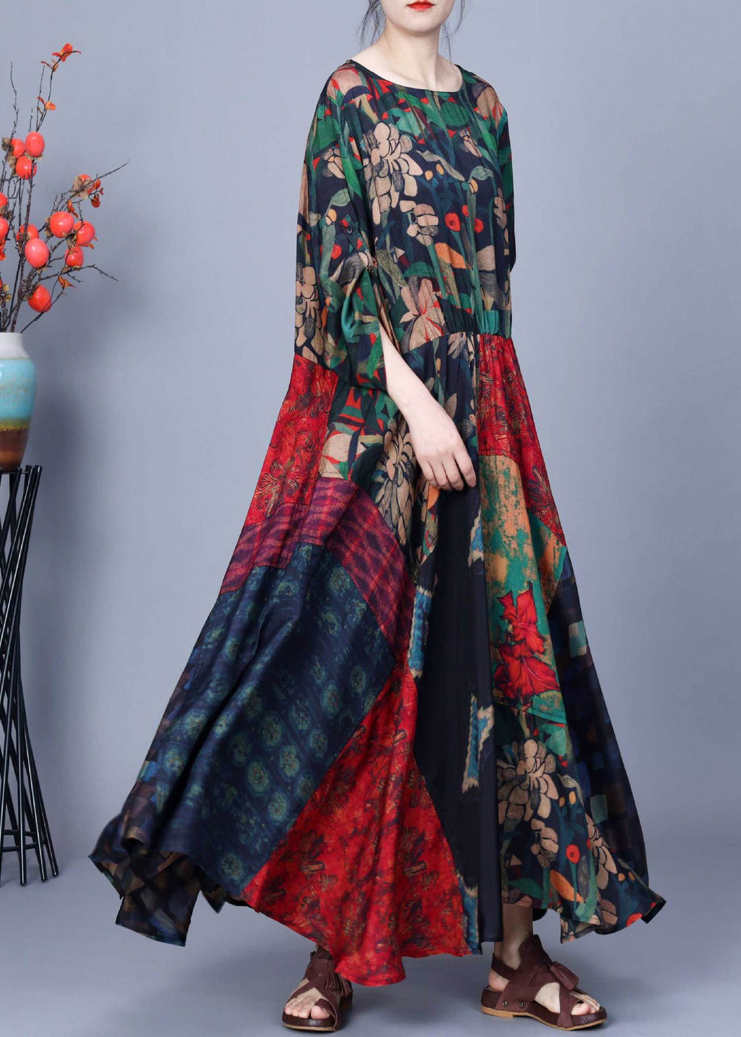 Unique Colorblock O Neck Print Patchwork Silk Long Dresses Summer