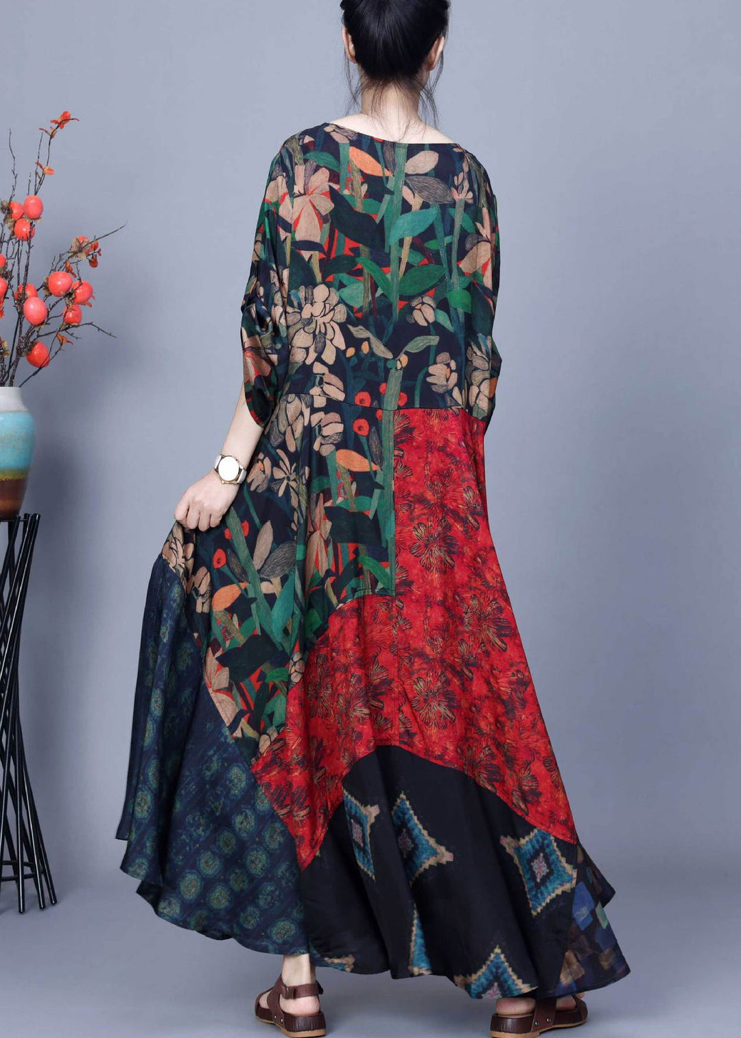 Unique Colorblock O Neck Print Patchwork Silk Long Dresses Summer