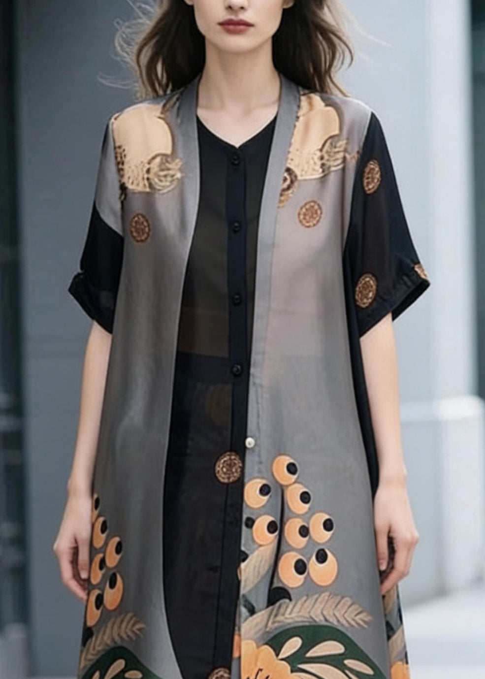 Unique Colorblock Stand Collar Patchwork Print Chiffon 2 Piece Outfit Summer