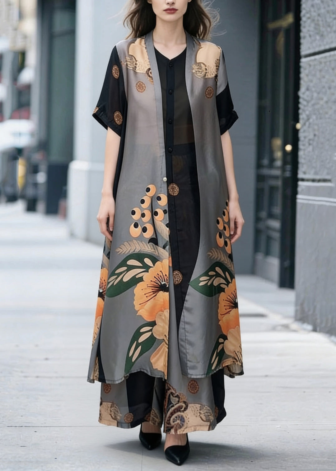 Unique Colorblock Stand Collar Patchwork Print Chiffon 2 Piece Outfit Summer