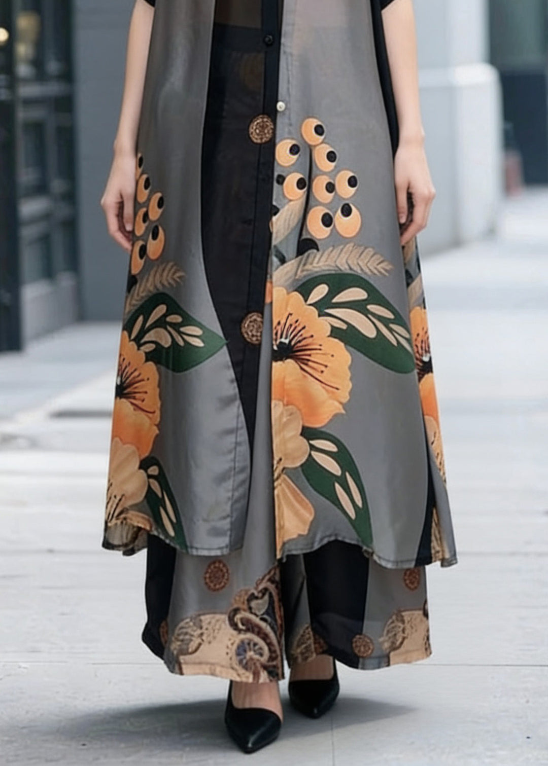 Unique Colorblock Stand Collar Patchwork Print Chiffon 2 Piece Outfit Summer