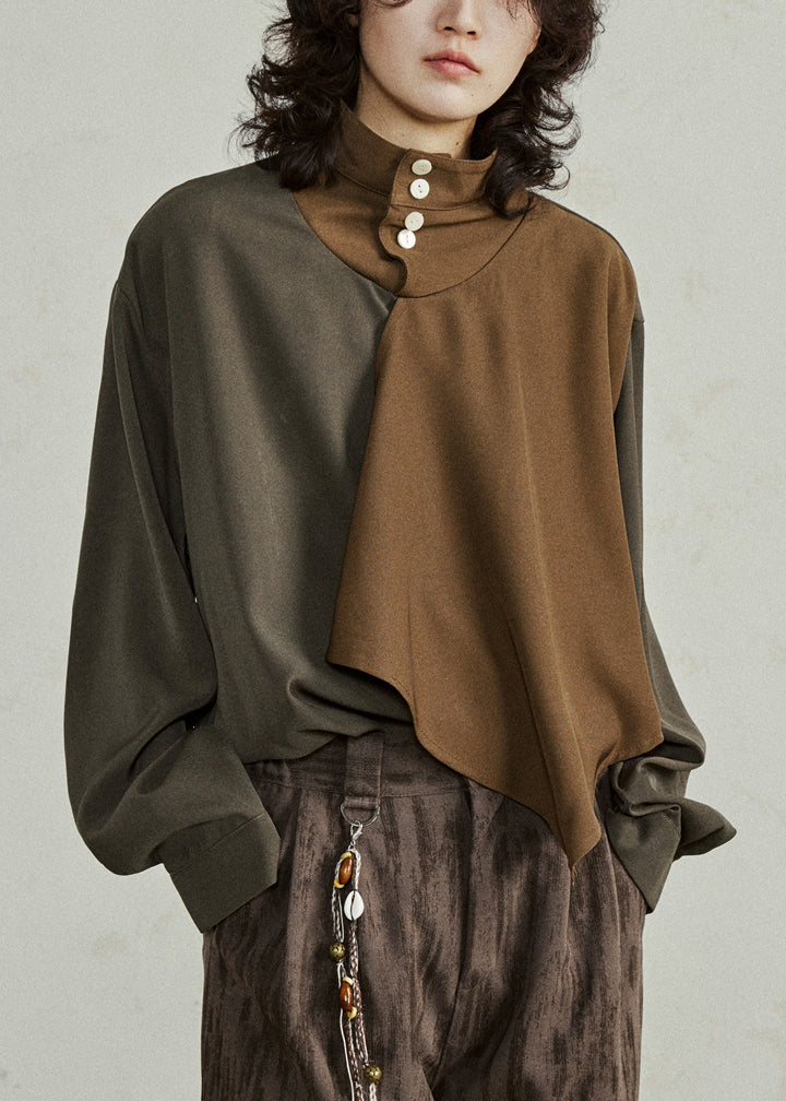 Unique Colorblock Turtleneck Asymmetrical Patchwork T Shirt Lantern Sleeve