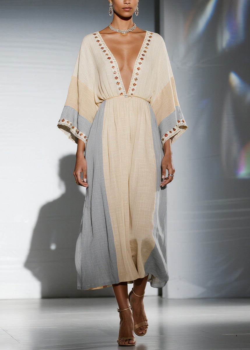 Unique Colorblock V Neck Patchwork Cotton Dress Summer