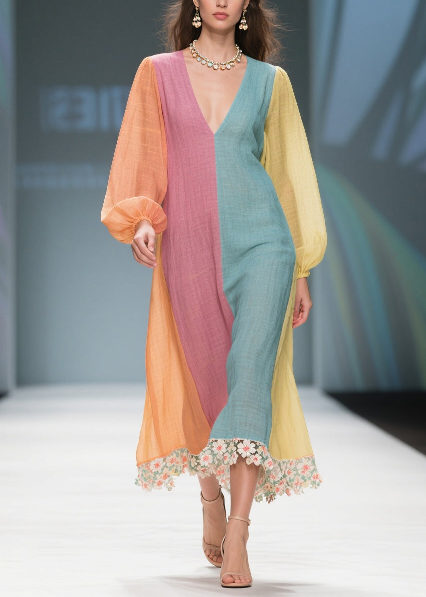 Unique Colorblock V Neck Patchwork Cotton Dresses Lantern Sleeve