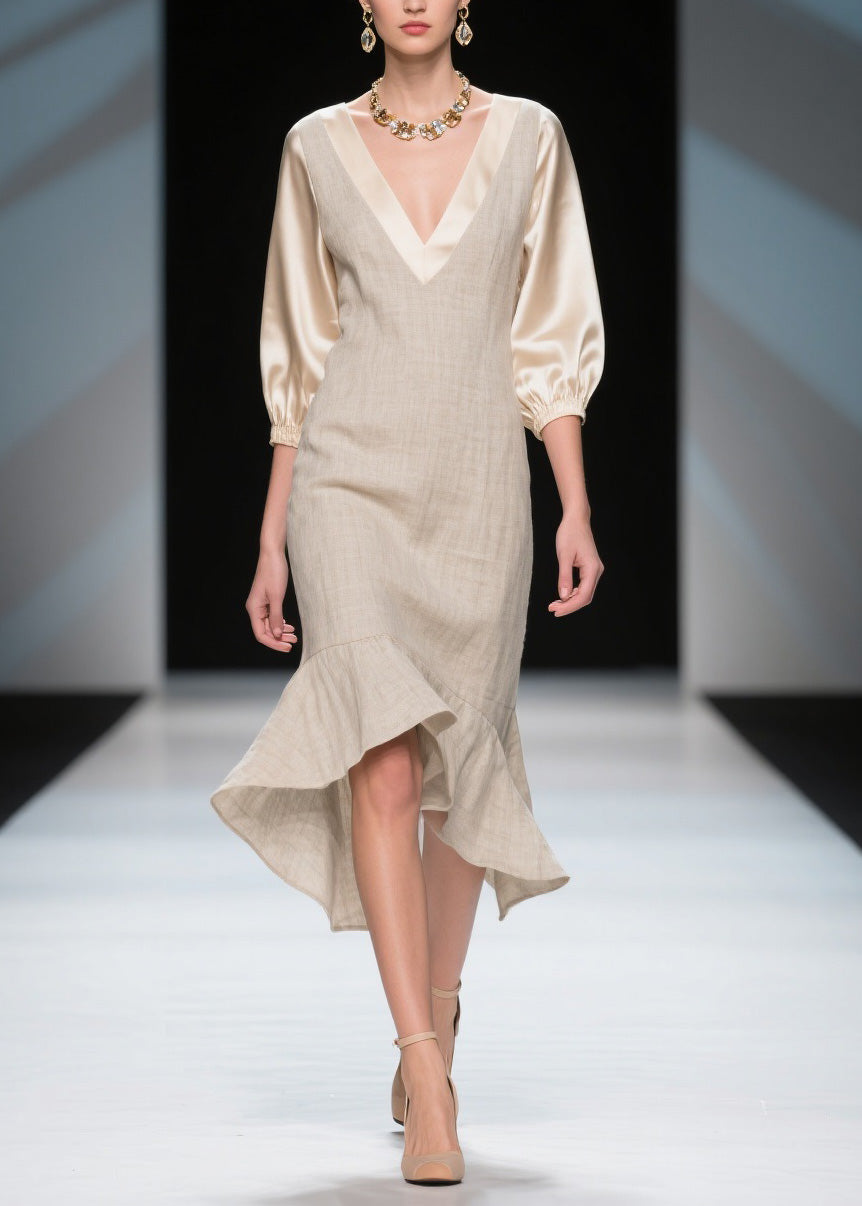 Unique Colorblock V Neck Patchwork Linen Silk Dresses Summer