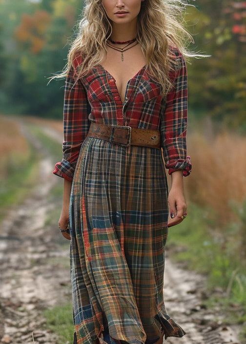 Unique Colorblock V Neck Plaid Cotton Dresses Long Sleeve