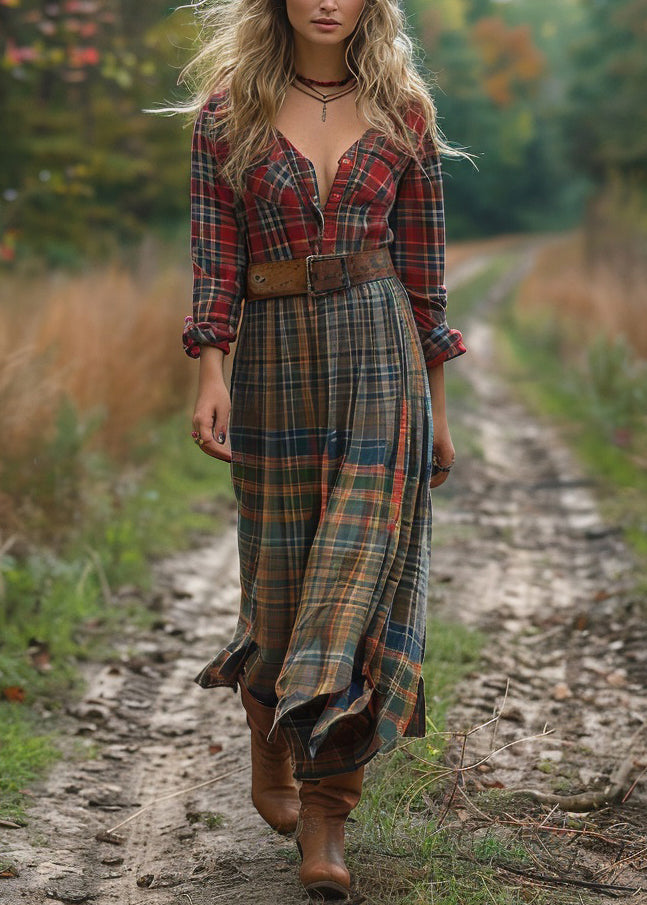 Unique Colorblock V Neck Plaid Cotton Dresses Long Sleeve