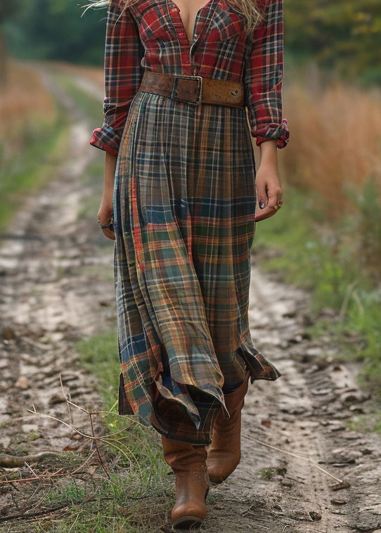 Unique Colorblock V Neck Plaid Cotton Dresses Long Sleeve