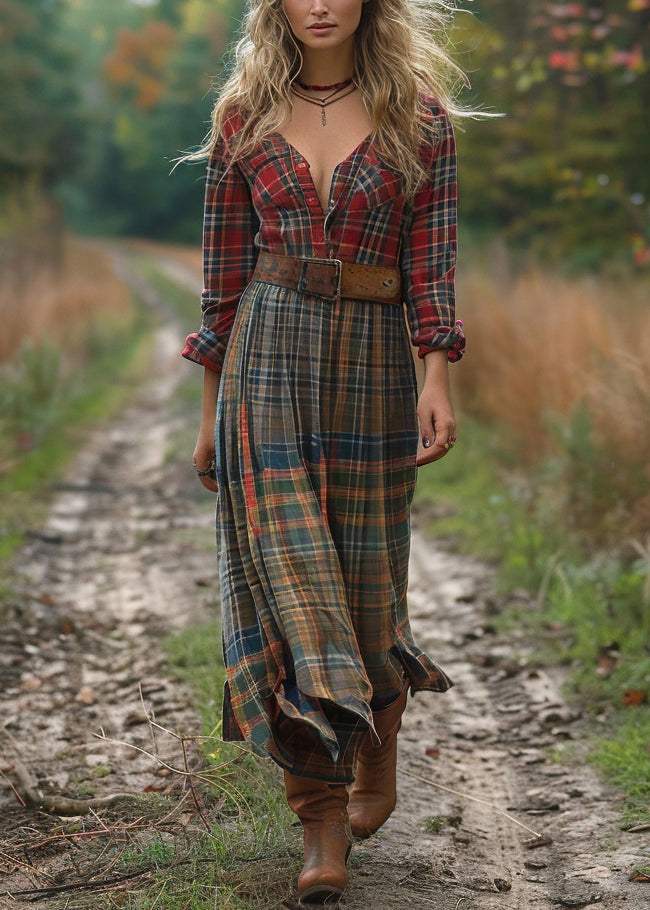 Unique Colorblock V Neck Plaid Cotton Dresses Long Sleeve