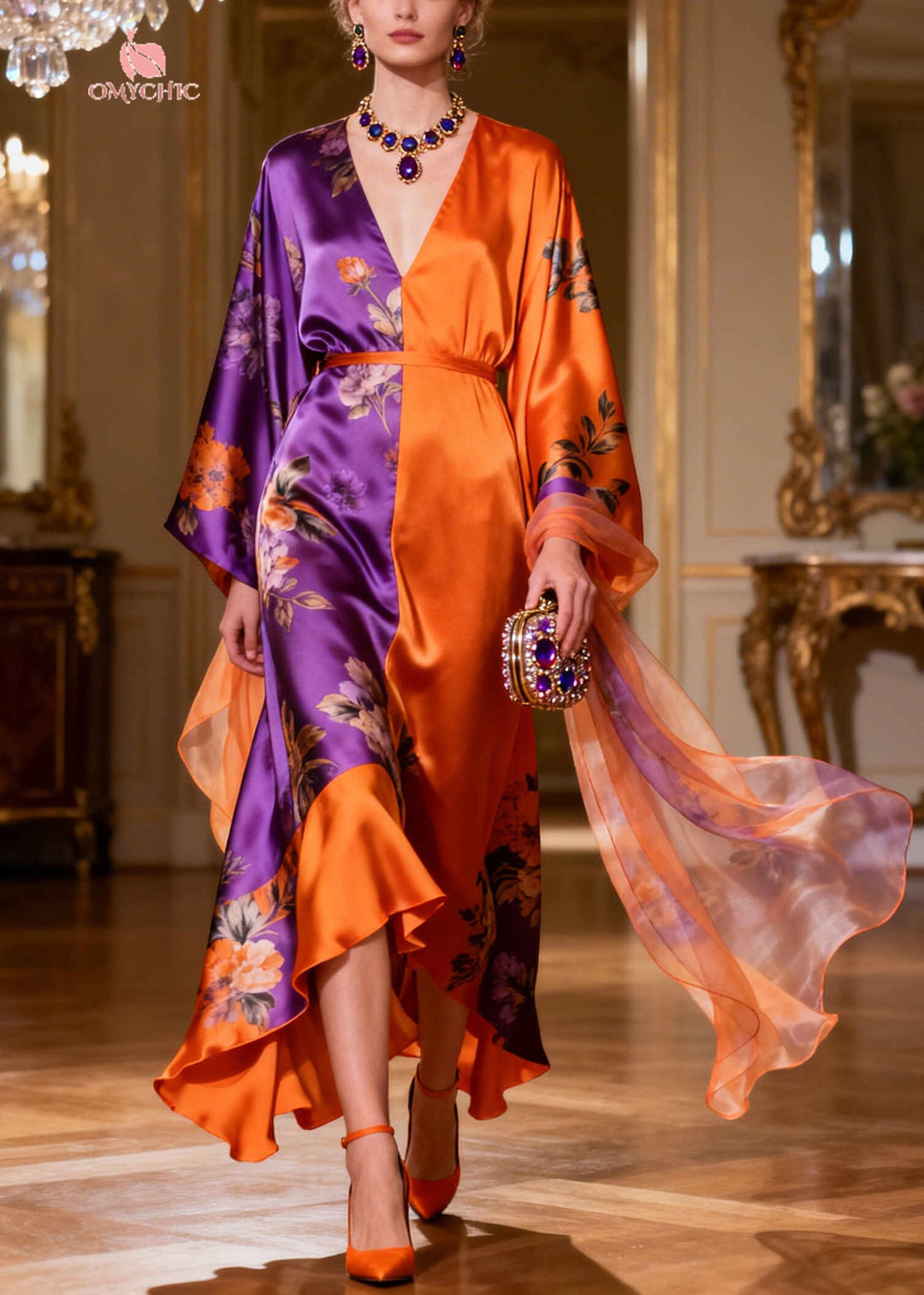 Unique ColorblockC Asymmetrical Patchwork Silk Long Dresses Summer