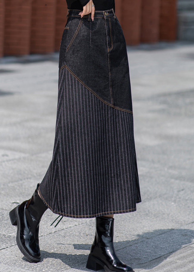 Unique Dark Grey Pockets Patchwork Denim Skirts Spring