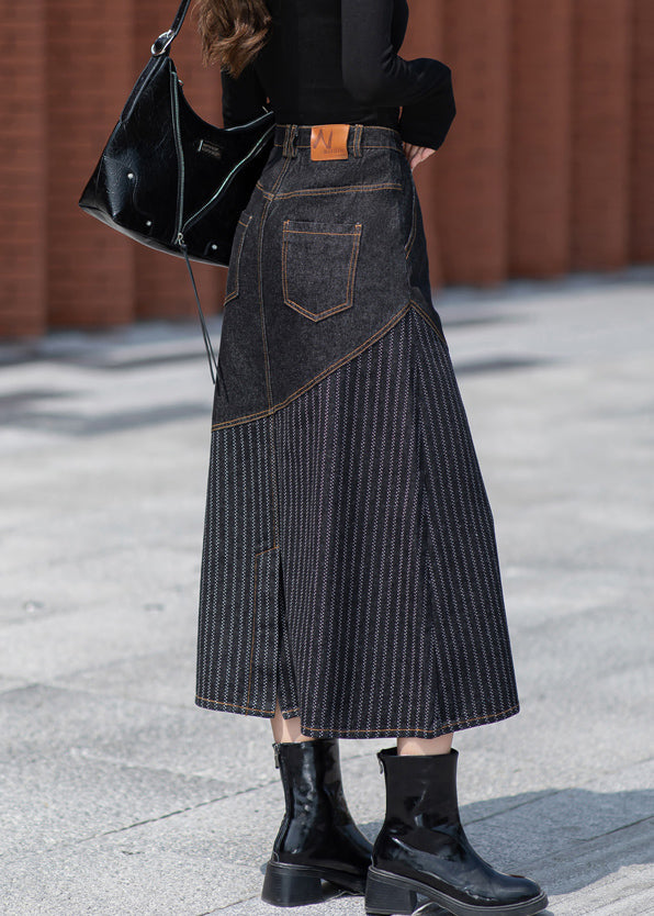 Unique Dark Grey Pockets Patchwork Denim Skirts Spring