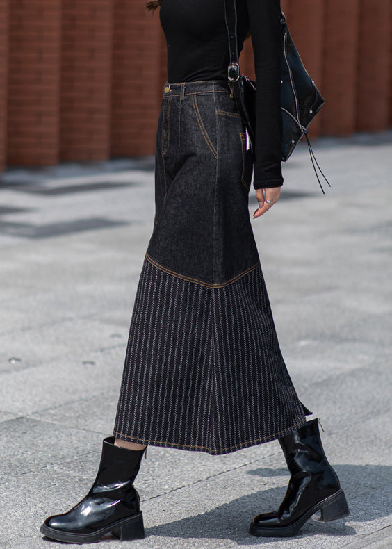 Unique Dark Grey Pockets Patchwork Denim Skirts Spring