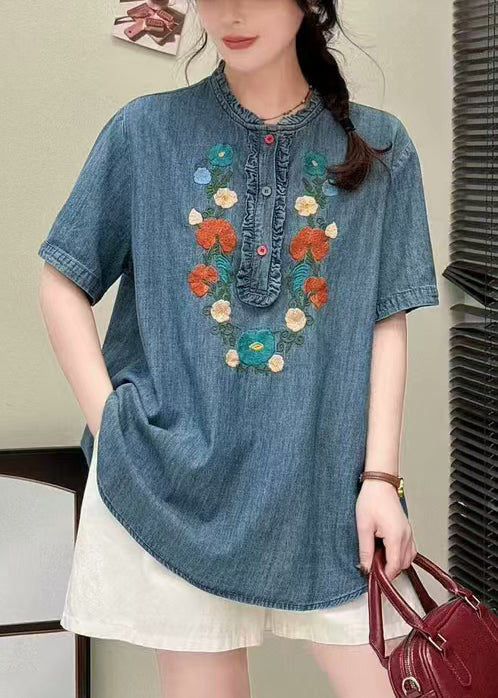 Unique Denim Blue Embroidered Ruffled Shirt Summer