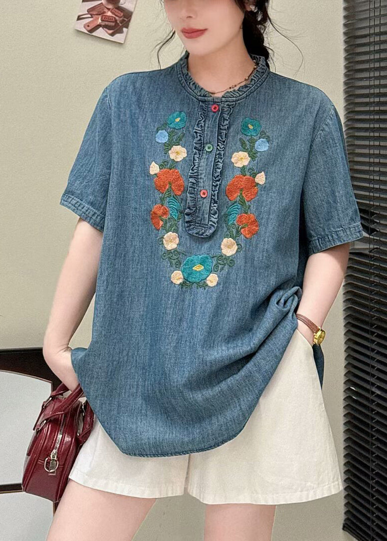 Unique Denim Blue Embroidered Ruffled Shirt Summer