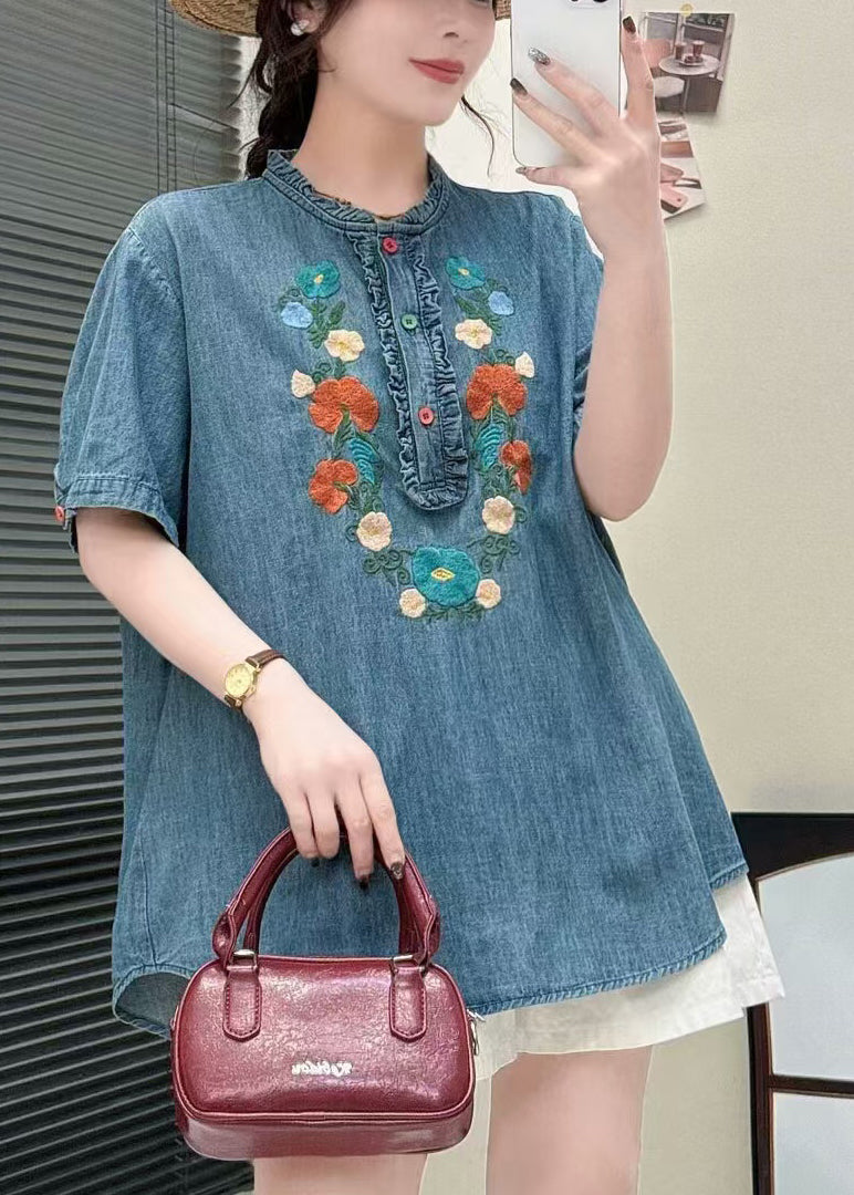 Unique Denim Blue Embroidered Ruffled Shirt Summer